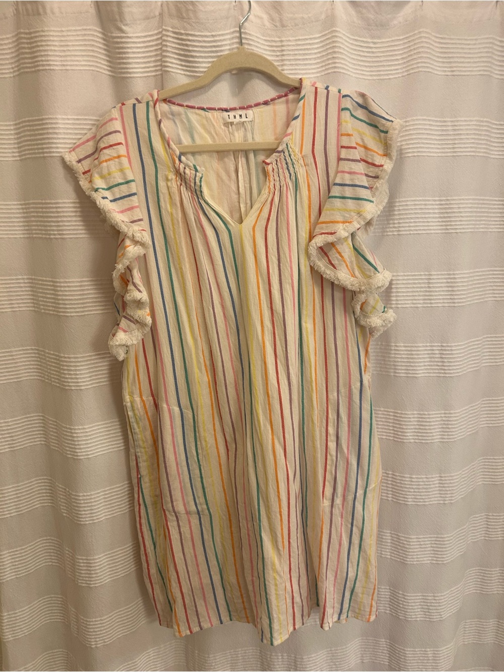 THML Multicolor Rainbow Stripe Ruffle Sleeve Casual Dress - White Base